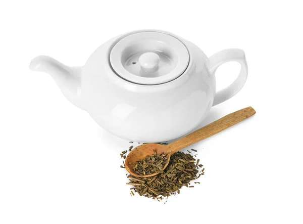 Τσαγιέρα Και Κουτάλι Ξηρό Hojicha Πράσινο Τσάι Λευκό Φόντο — Φωτογραφία Αρχείου