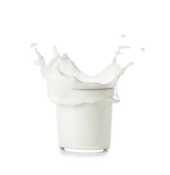 Bicchiere Latte Bianco Spruzzi Sfondo Bianco — Foto Stock