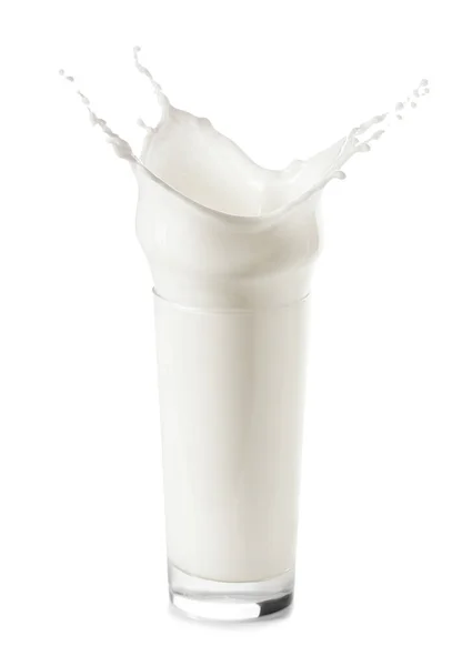 Glass Cold Milk Splashing White Background — Stock Photo, Image