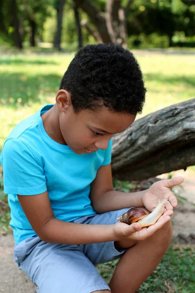 Little African American Boy Snail Outdoors — Stock Photo, Image