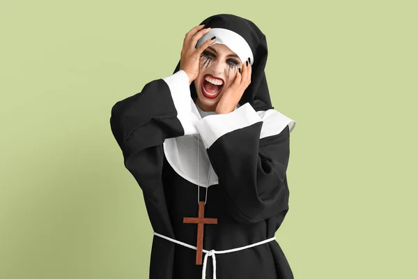 Woman Dressed Halloween Nun Color Background — Stock Photo, Image