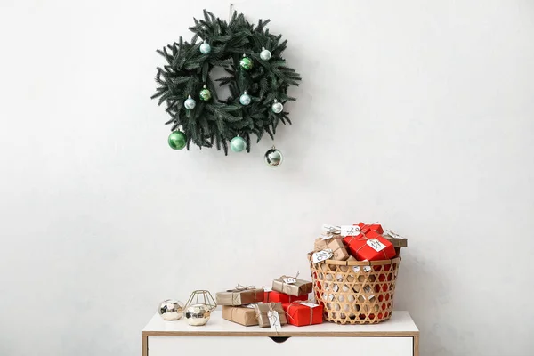 Advent Calendar Gift Boxes Basket Chest Drawers Christmas Wreath White — Stock Photo, Image