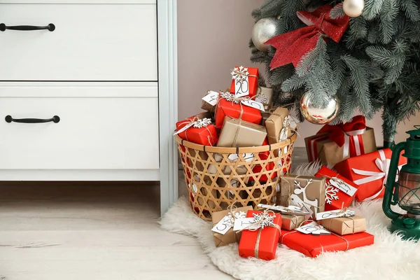 Advent Calendar Gift Boxes Basket Christmas Tree Floor — Stock Photo, Image
