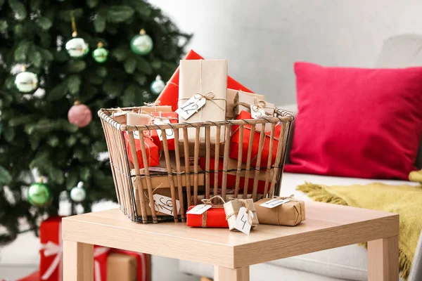 Christmas Advent Calendar Gift Boxes Basket Table — Stock Photo, Image