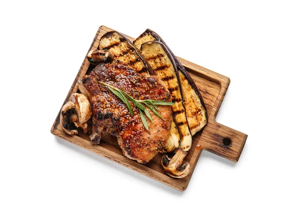 Wooden Board Tasty Pork Steak Grilled Vegetables White Background — Stock Photo, Image