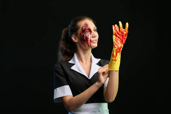 Woman Dressed Halloween Chambermaid Bloodstained Rubber Gloves Dark Background — Stock Photo, Image