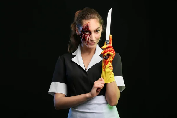 Woman Dressed Halloween Chambermaid Knife Dark Background — Stock Photo, Image