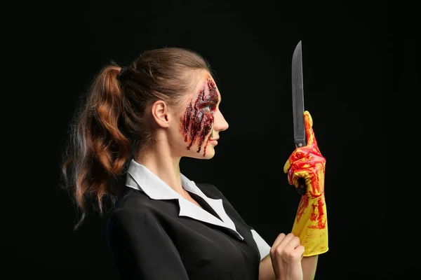 Woman Dressed Halloween Chambermaid Knife Dark Background — Stock Photo, Image
