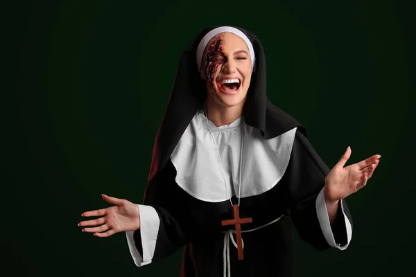 Crazy Woman Dressed Halloween Nun Dark Background — Stock Photo, Image