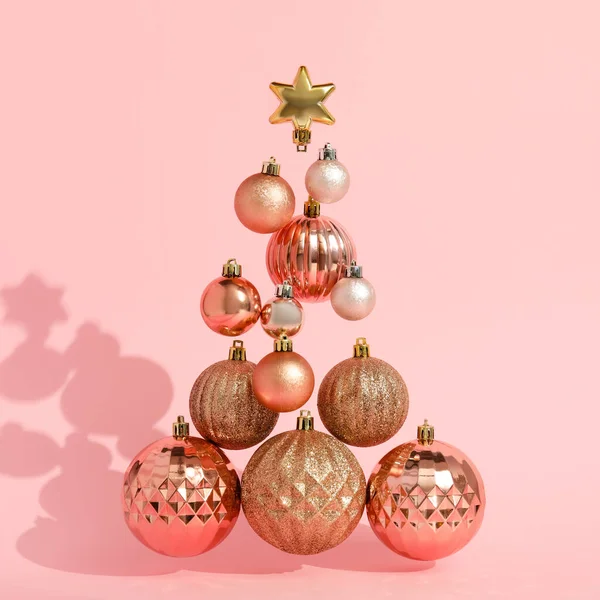 Christmas Tree Made Balls Star Pink Background — Stock Photo, Image