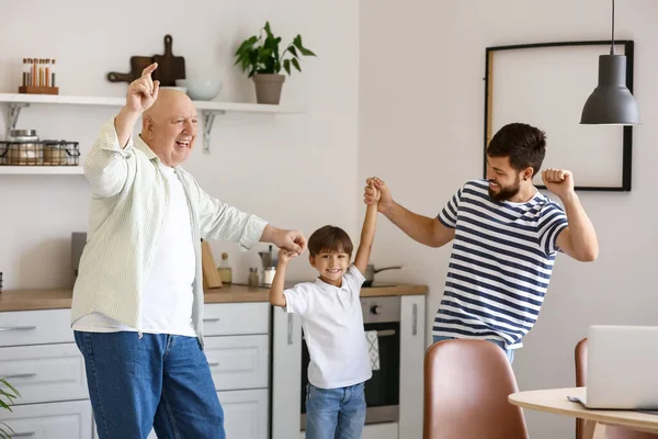 Happy Man His Little Son Father Dancing Kitchen — Stock Photo, Image