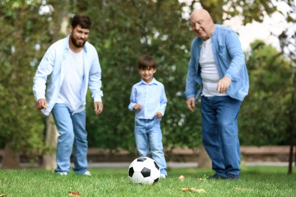Amico Suo Figlio Suo Padre Giocano Calcio Nel Parco — Foto Stock