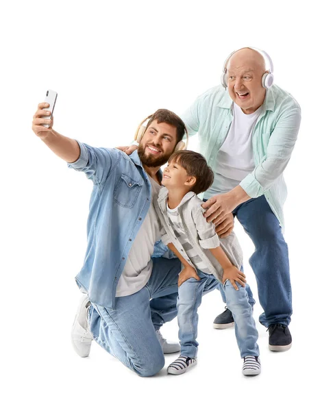 Lycklig Man Hans Lille Son Och Far Tar Selfie Vit — Stockfoto