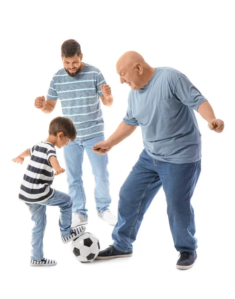 Homem Feliz Seu Pequeno Filho Pai Jogando Futebol Fundo Branco — Fotografia de Stock