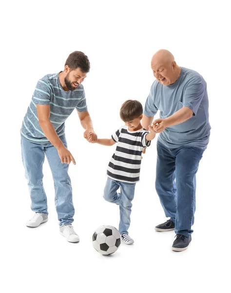 Feliz Hombre Pequeño Hijo Padre Jugando Fútbol Sobre Fondo Blanco —  Fotos de Stock