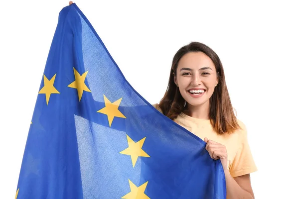 Junge Frau Mit Fahne Der Europäischen Union Auf Weißem Hintergrund — Stockfoto