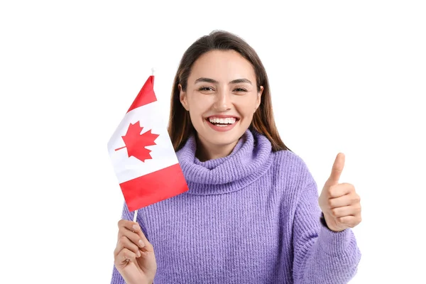 Mulher Bonita Com Bandeira Canadá Mostrando Thumb Fundo Branco — Fotografia de Stock