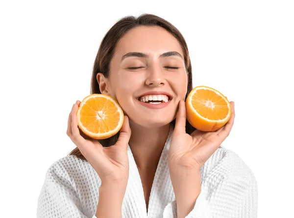 Beautiful Young Woman Fresh Orange White Background — Stock Photo, Image