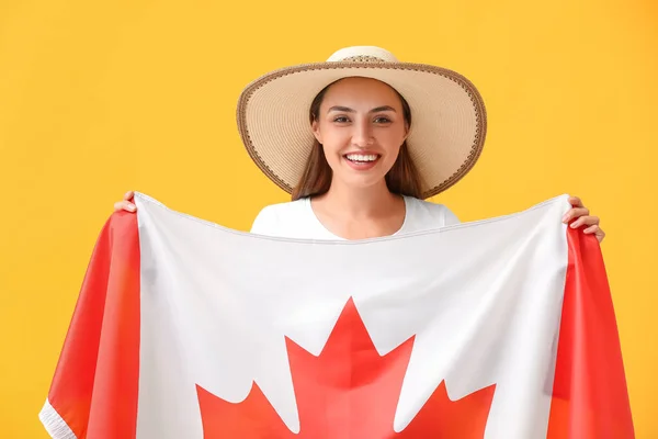 Beautiful Young Woman Flag Canada Color Background — Stock Photo, Image