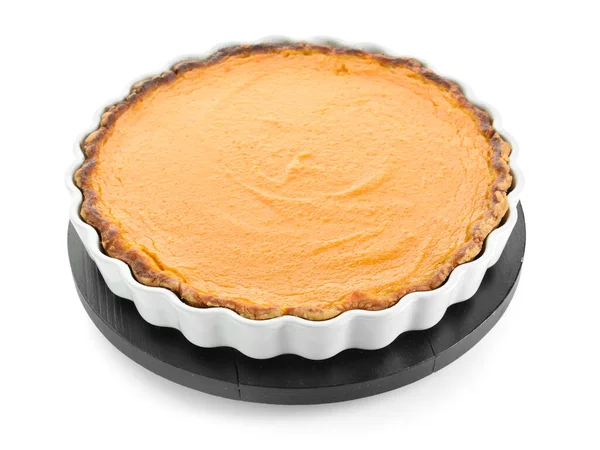 Baking Dish Tasty Pumpkin Pie White Background — Stock Photo, Image