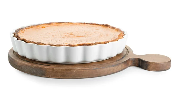 Baking Dish Tasty Pumpkin Pie White Background — Stock Photo, Image