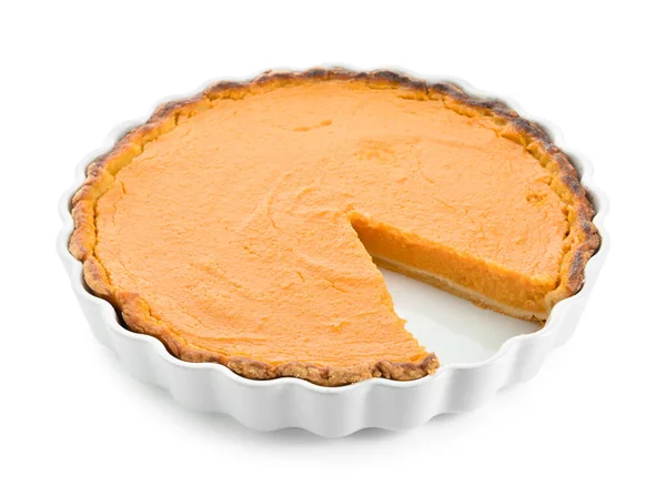 Baking Dish Tasty Pumpkin Pie White Background — Stock Photo, Image