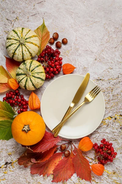 色の背景に秋の装飾が施された美しいテーブル設定 — ストック写真