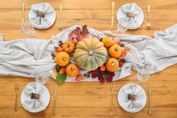 Table Setting Stylish Cutlery Autumn Decor Wooden Background — Stock Photo, Image