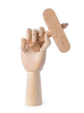 Beyaz arka planda el ve ahşap uçak. Rehine kavramı