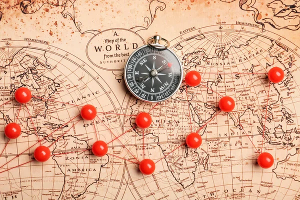 World Map Pins Compass Closeup — Stock Photo, Image
