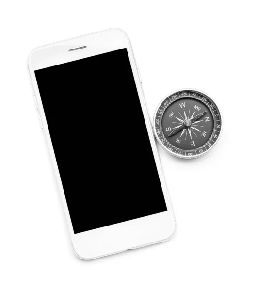 Telefone Celular Bússola Fundo Branco — Fotografia de Stock