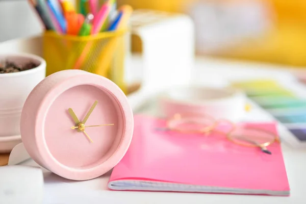 Alarm Clock Notebook Table Office Closeup — Stock Photo, Image