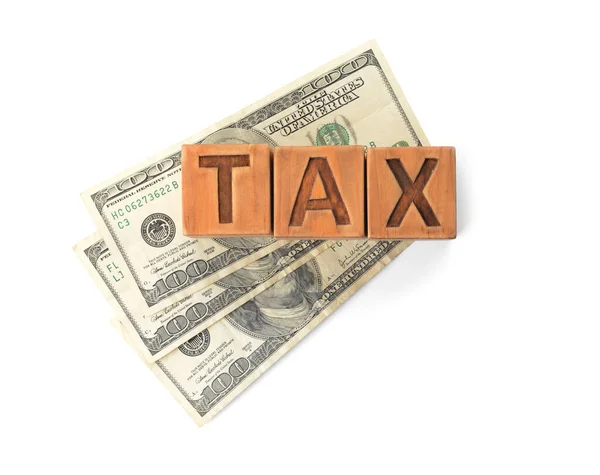 Word Tax Dollars White Background — Stock Photo, Image