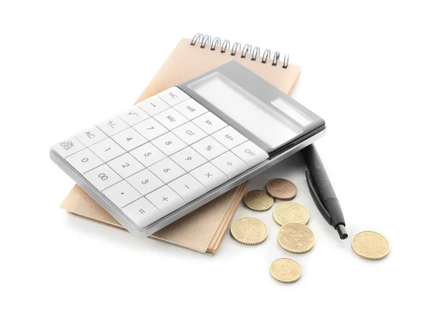 Coins Calculator Notebook White Background — Stock Photo, Image