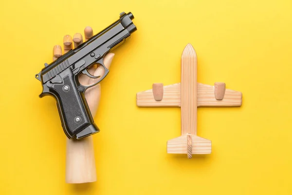 Hand Gun Wooden Airplane Color Background Concept Hostage — Stock Photo, Image