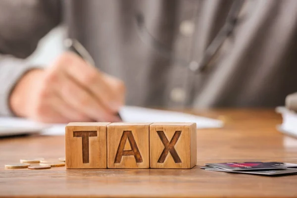 Word Tax Coins Credit Cards Table — Stock Photo, Image