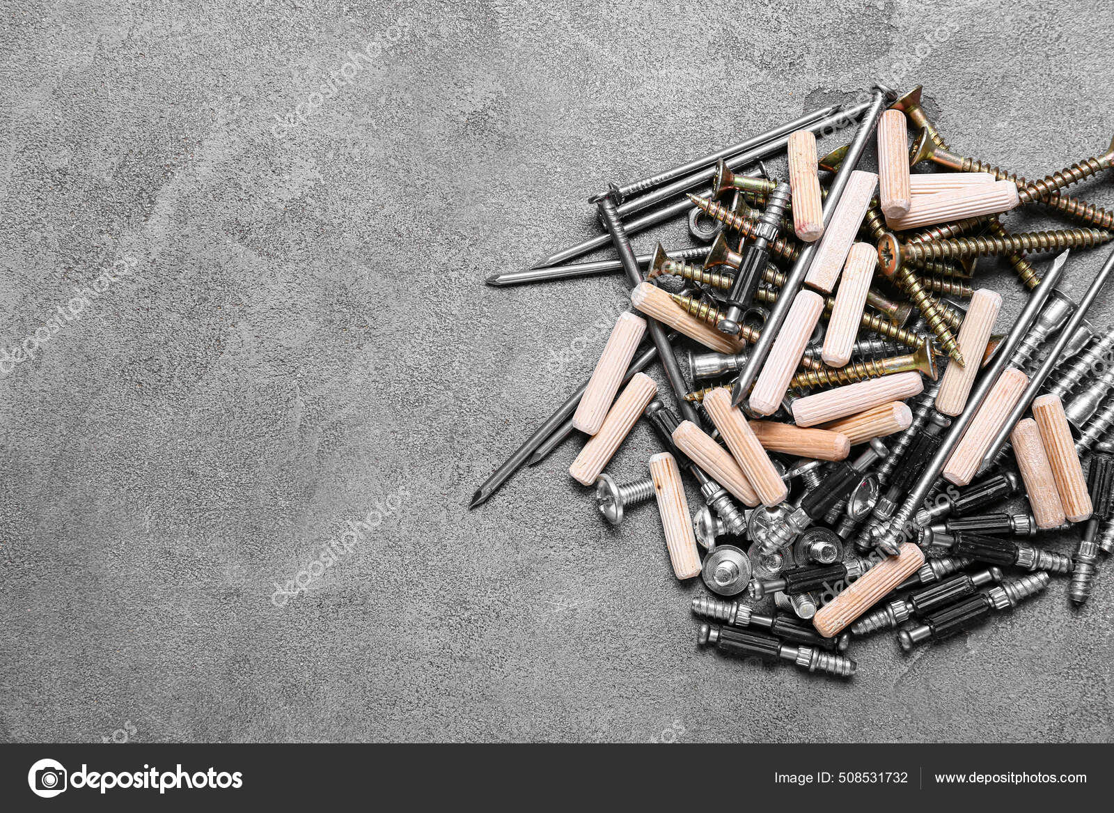 Pile Different Nuts Bolts Screws Nails Dowels Grey Background Stock