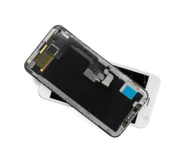 Beyaz arkaplanda bozuk ekranlı modül ve cep telefonunu göster
