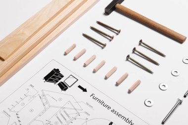 Mobilya montaj planı, tahta döşemeler ve beyaz arkaplanda farklı araçlar, yakın plan