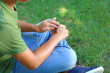 Parkta salyangozu olan küçük çocuk.