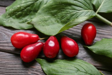 Siyah ahşap arka planda taze kızılcık üzümlü dal, yakın plan.