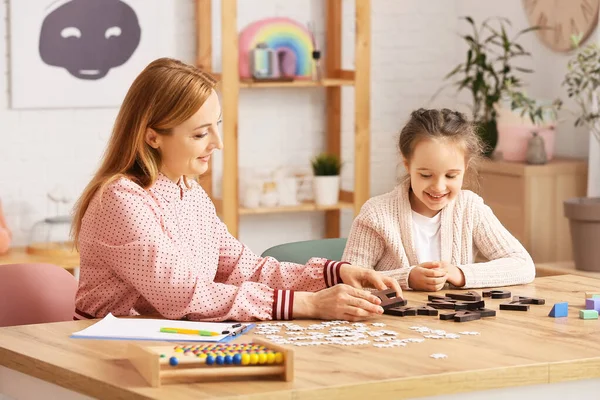 Female Psychologist Working Girl Suffering Autistic Disorder Office — Stock Photo, Image