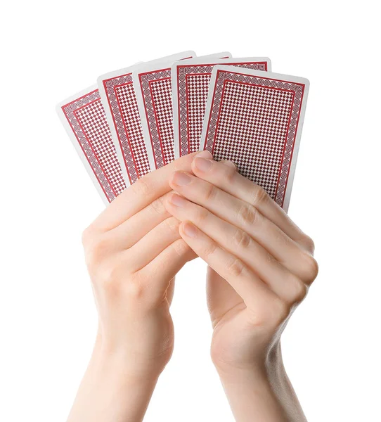 Mãos Femininas Com Cartas Jogo Para Poker Fundo Branco — Fotografia de Stock