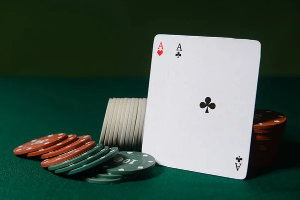 Poker Chips Playing Cards Dark Background — Stock Photo, Image