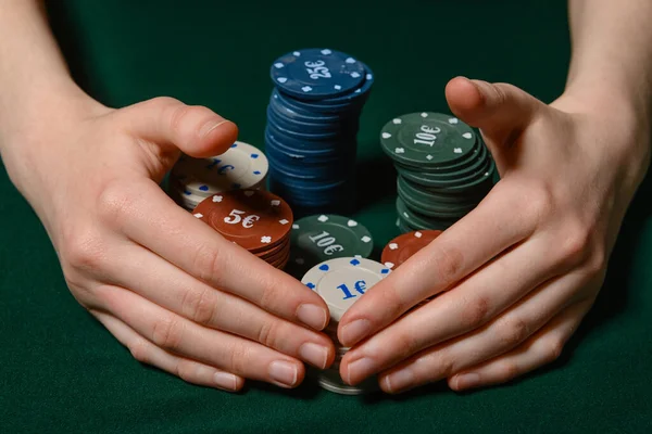 Female Hands Poker Chips Dark Background — Stock Photo, Image