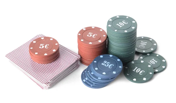 Poker Chips Playing Cards White Background — Stock Photo, Image