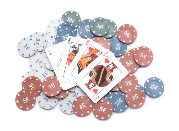 Fichas Poker Cartas Jogar Fundo Branco — Fotografia de Stock