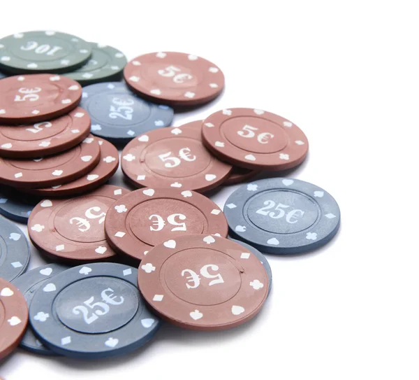 Poker Žetony Bílém Pozadí Detailní Záběr — Stock fotografie
