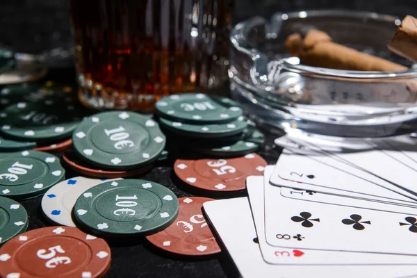 Poker Chips Cards Dark Background Closeup — Stock Photo, Image