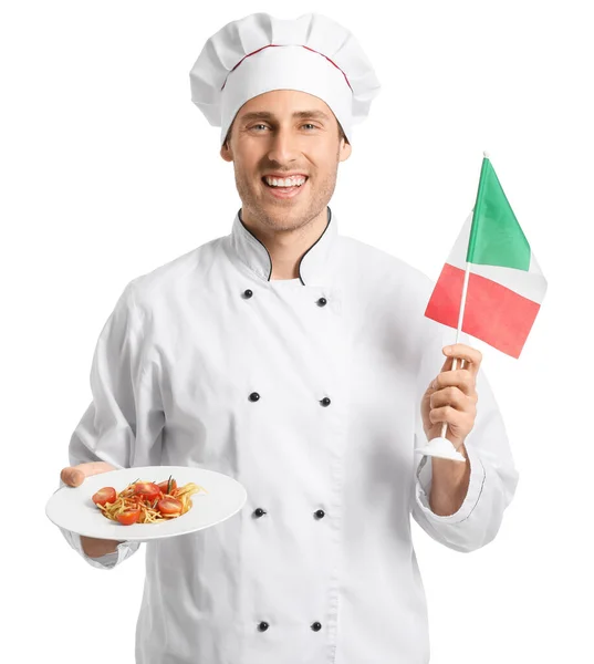 Bonito Chef Segurando Prato Com Deliciosas Massas Bandeira Itália Fundo — Fotografia de Stock